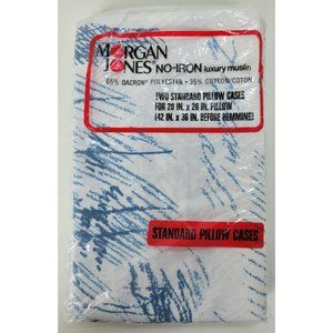 2 Vintage NIP Morgan Jones Muslin Standard Pillow Cases White Blue‎ USA